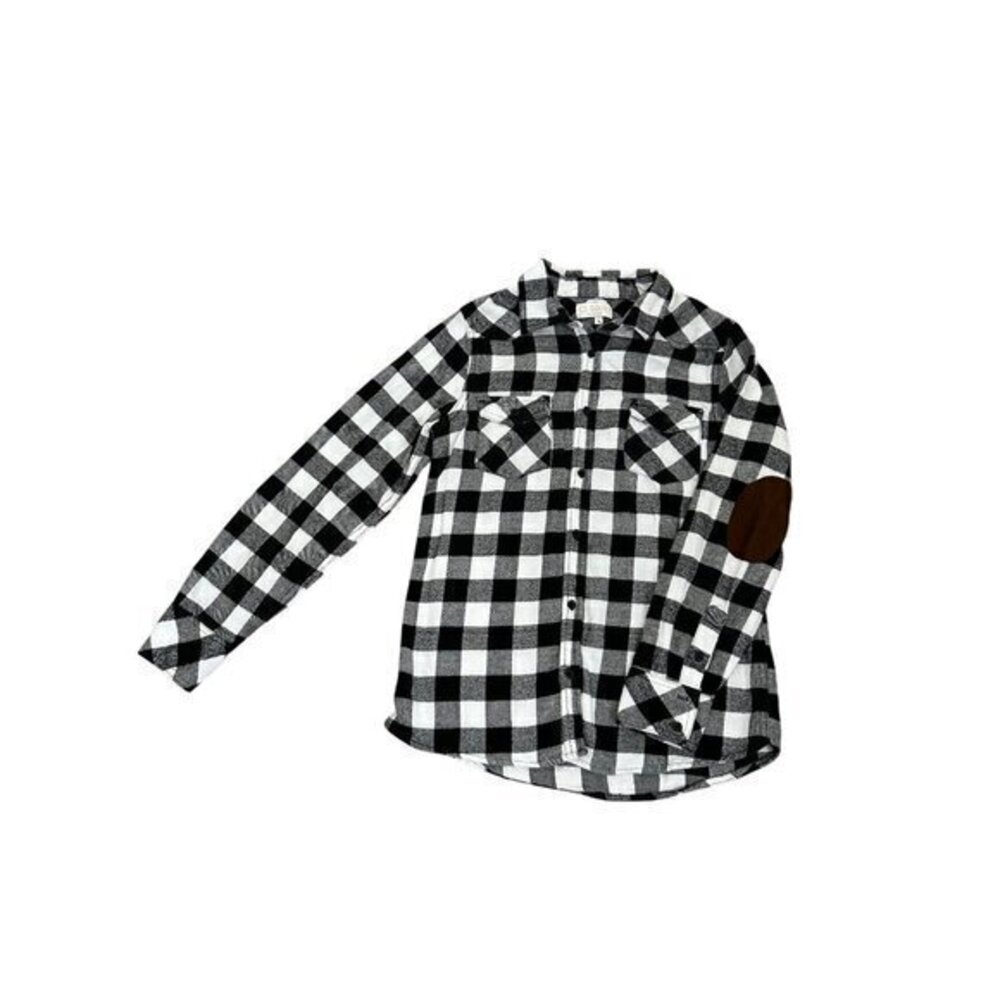 Ci Sono Womens Black & White Buffalo Plaid Button-Down Shirt With Brown Elbow Pa